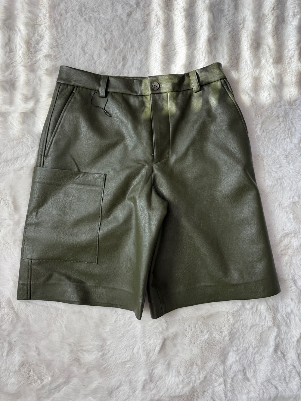 Zara Men's Dark Olive Faux Leather Cargo Shorts